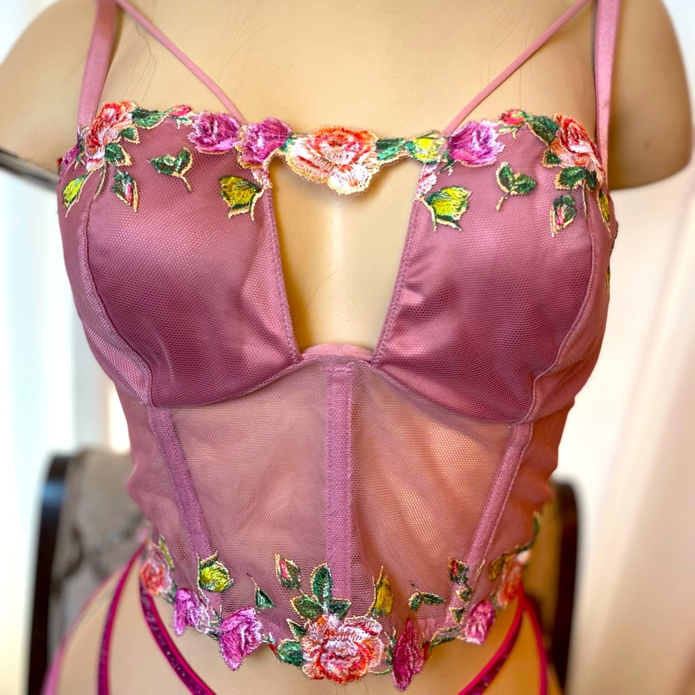 Victoria's Secret Embroidered Corset Top Sz M Dusty Rose Pink Floral $89